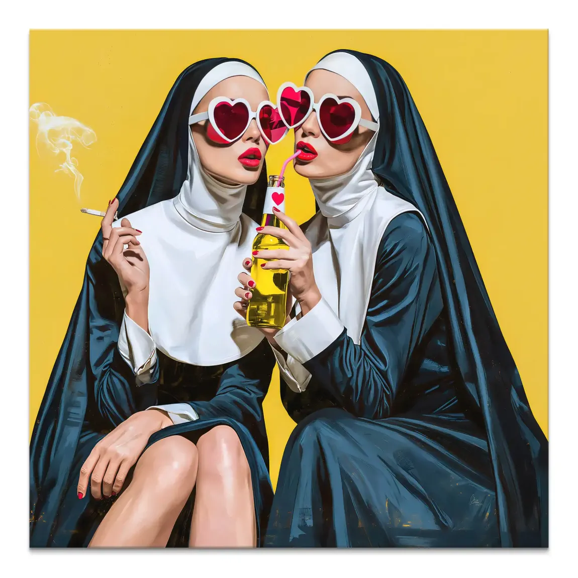 Pop Art canvas print featuring two nuns with heart-shaped sunglasses against a bright yellow background.