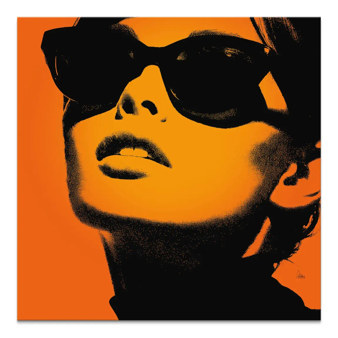 Glamorous woman's close-up pop art portrait in orange and black on canvas