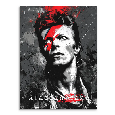 David Bowie as Aladdin Sane with iconic red and blue lightning bolt in a bold Pop Art portrait on canvas