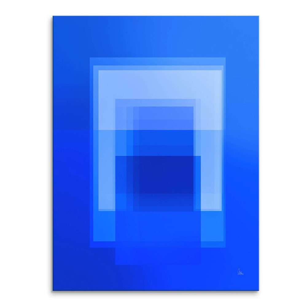 Abstract cobalt blue geometry canvas wall art with layered rectangular shapes in deep cobalt to light sky blue, portrait orientation.