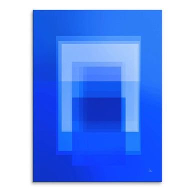 Abstract cobalt blue geometry canvas wall art with layered rectangular shapes in deep cobalt to light sky blue, portrait orientation.