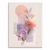 Soft Petal Harmony canvas print featuring two soft-focus peony-like blooms in pink and lavender with green leaves, set against a peach sun circle, lavender rectangles, and a subtle grid.