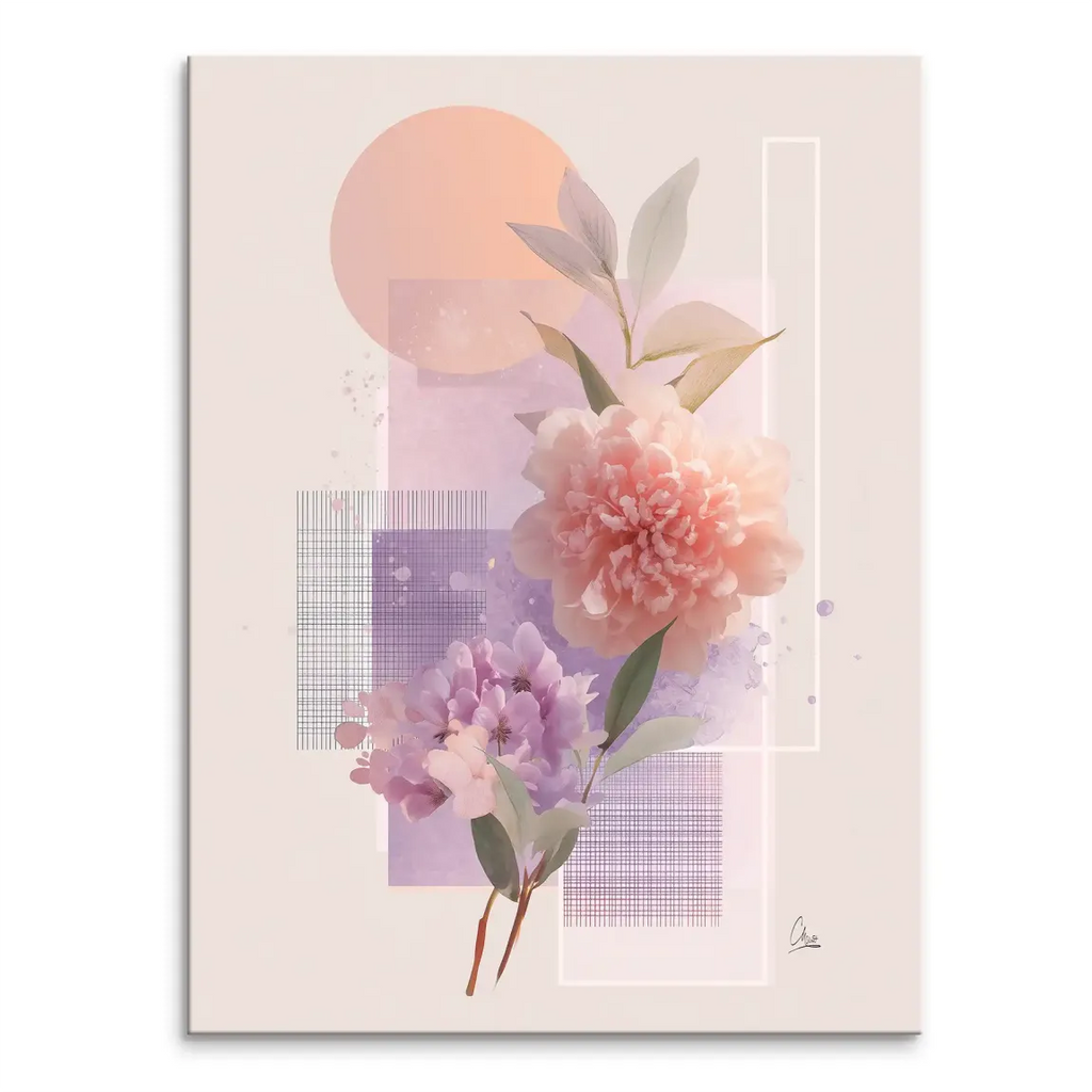 Soft Petal Harmony canvas print featuring two soft-focus peony-like blooms in pink and lavender with green leaves, set against a peach sun circle, lavender rectangles, and a subtle grid.
