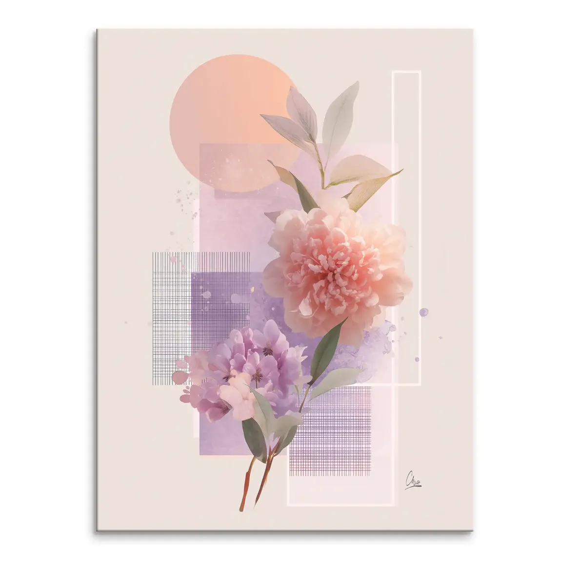Soft Petal Harmony canvas print featuring two soft-focus peony-like blooms in pink and lavender with green leaves, set against a peach sun circle, lavender rectangles, and a subtle grid.