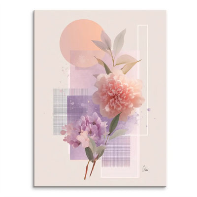 Soft Petal Harmony canvas print featuring two soft-focus peony-like blooms in pink and lavender with green leaves, set against a peach sun circle, lavender rectangles, and a subtle grid.