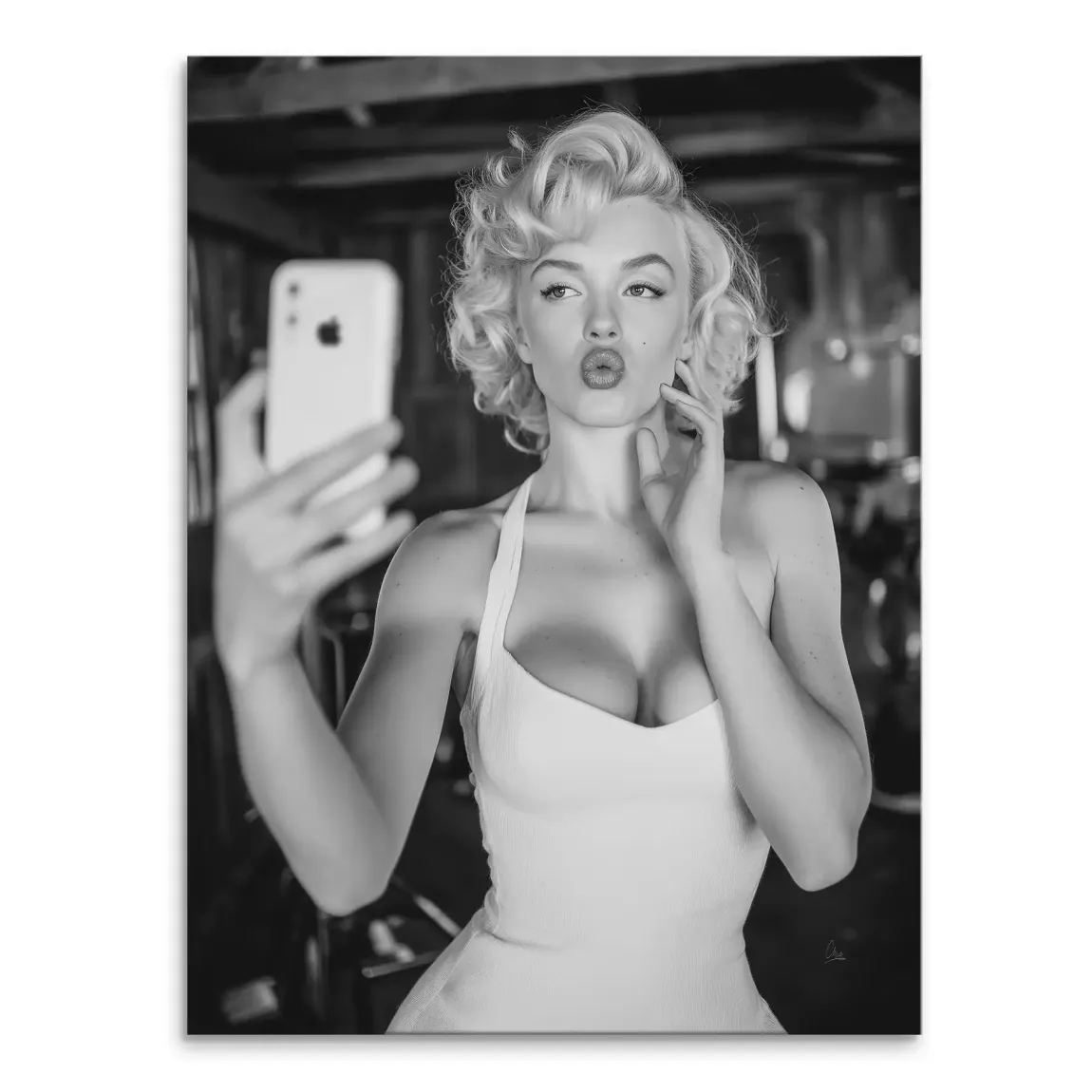 Black-and-white portrait of a glamorous woman taking a selfie with a smartphone, blending vintage Hollywood glamour with pop art energy.
