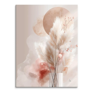 Amber Fields canvas print with a serene beige and cream botanical arrangement including pampas grass in a clear vase and two muted terracotta circles