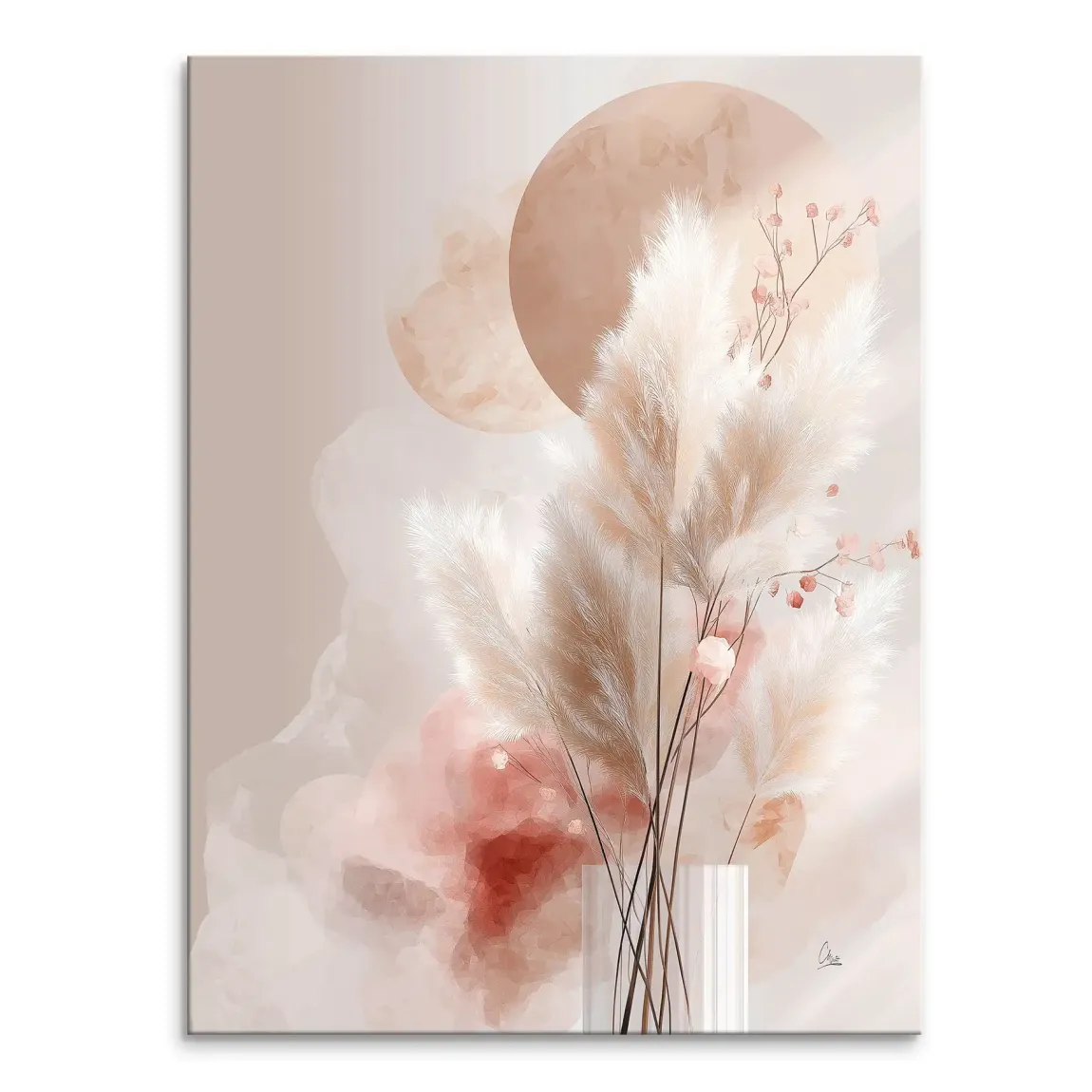 Amber Fields canvas print with a serene beige and cream botanical arrangement including pampas grass in a clear vase and two muted terracotta circles