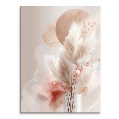 Amber Fields canvas print with a serene beige and cream botanical arrangement including pampas grass in a clear vase and two muted terracotta circles