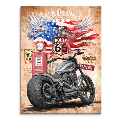Silver Harley motorcycle on Route 66 canvas wall art with a distressed brown background
