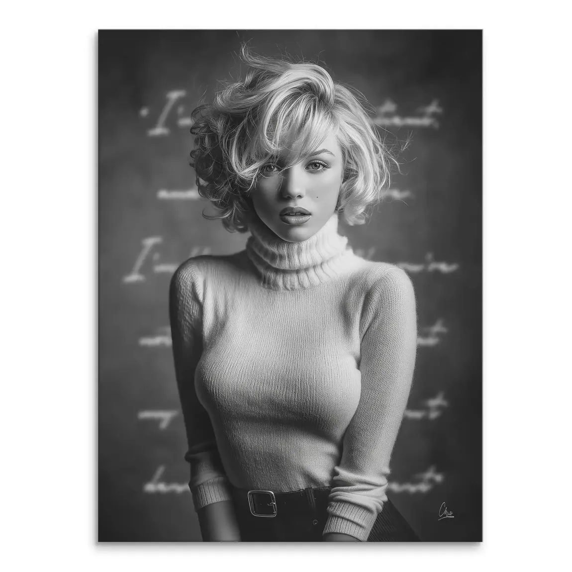 Black-and-white portrait of a glamour icon with short wavy hair in a turtleneck