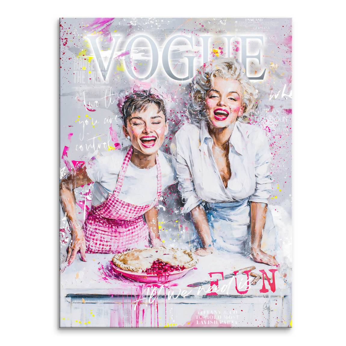 Pop art canvas featuring Audrey Hepburn and Marilyn Monroe with a cherry pie and a glowing Vogue logo in pink, yellow, and grey.