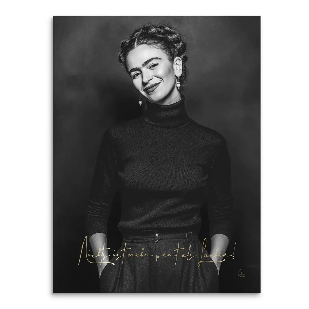 Frida Kahlo monochrome portrait canvas wall art with quiet smile