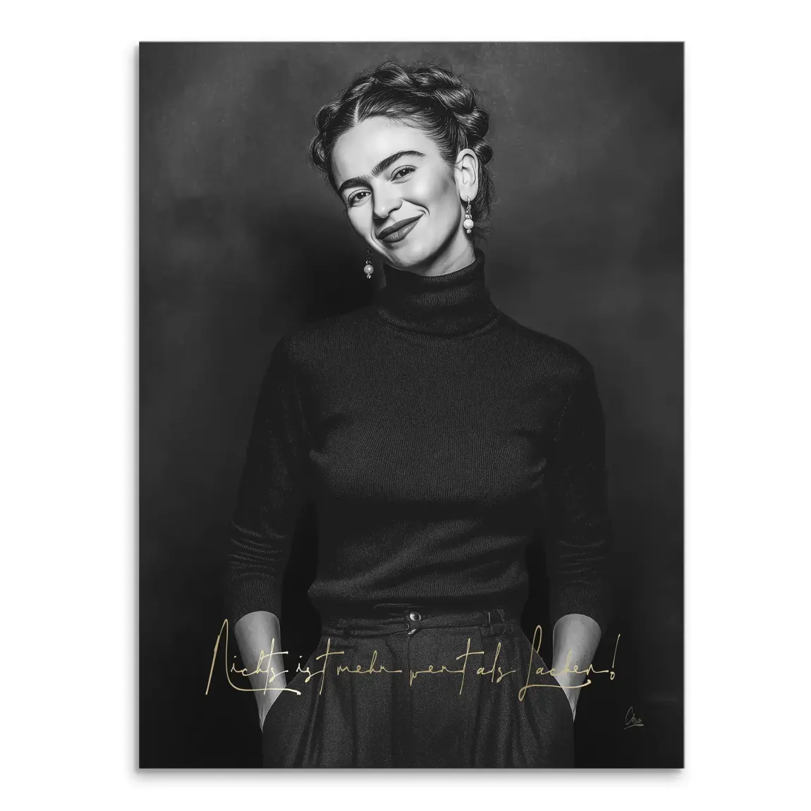 Frida Kahlo monochrome portrait canvas wall art with quiet smile