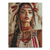 Indigenous woman portrait in feathered headdress and beaded accessories on canvas.