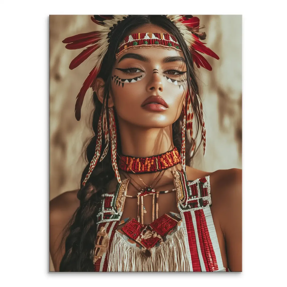 Indigenous woman portrait in feathered headdress and beaded accessories on canvas.