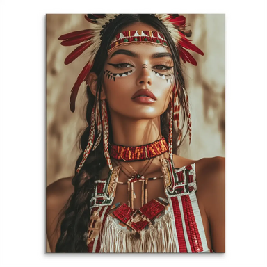 Indigenous woman portrait in feathered headdress and beaded accessories on canvas.