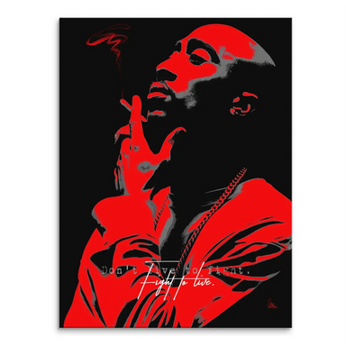 Tupac Shakur portrait in bold red, black, and gray pop art style with a thoughtful pose and motivational quote