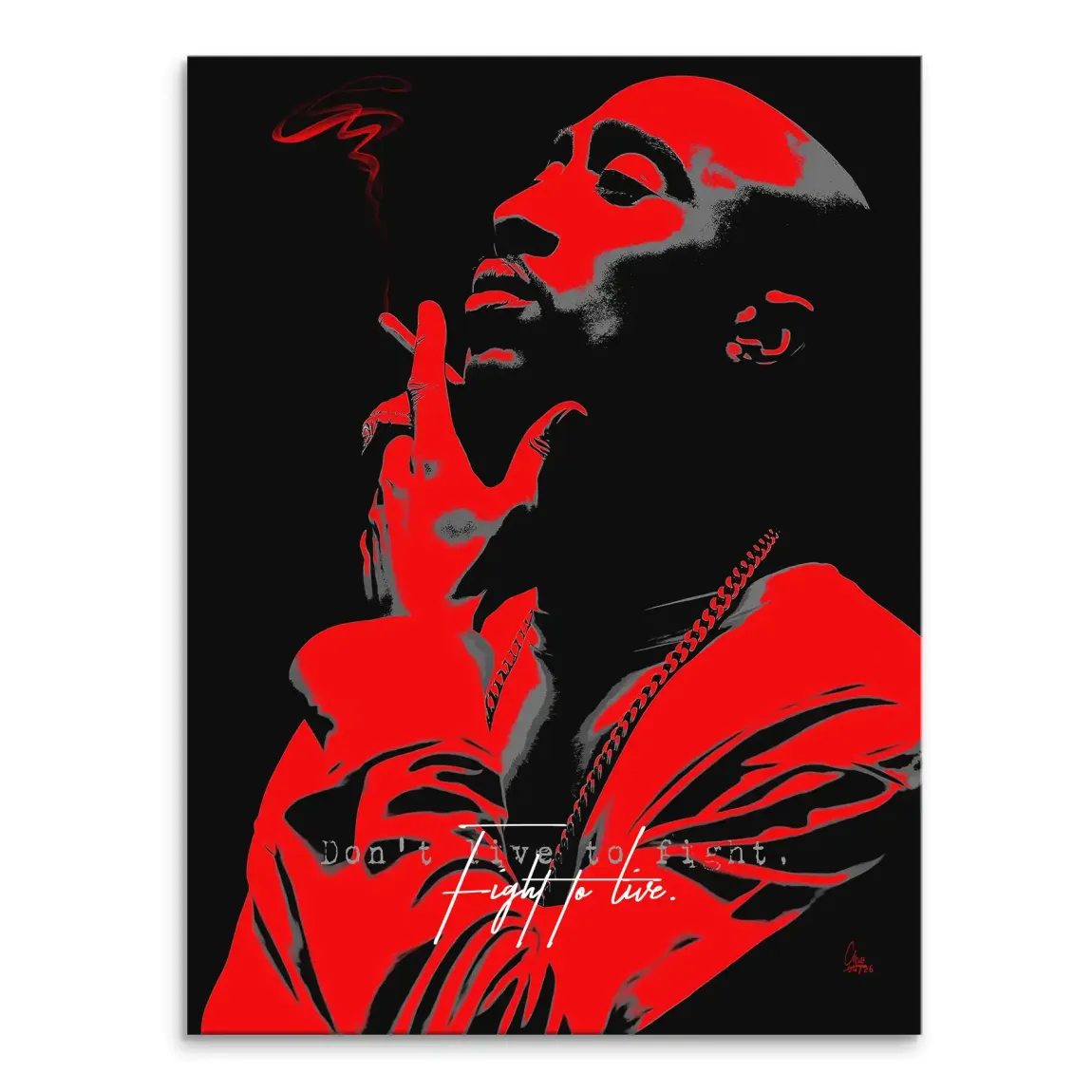 Tupac Shakur portrait in bold red, black, and gray pop art style with a thoughtful pose and motivational quote