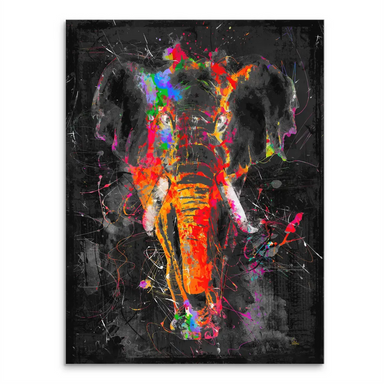 Colorful elephant canvas wall art with neon colors on a dark charcoal background.