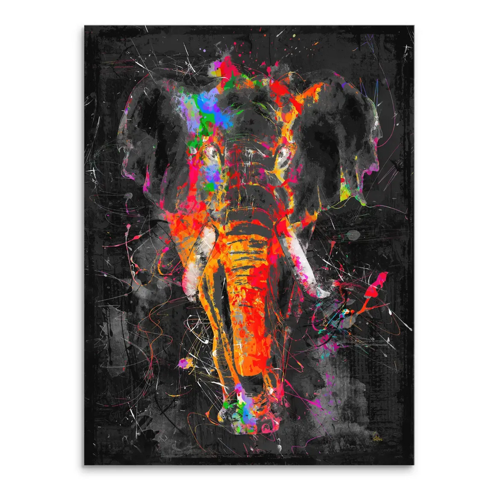 Colorful elephant canvas wall art with neon colors on a dark charcoal background.