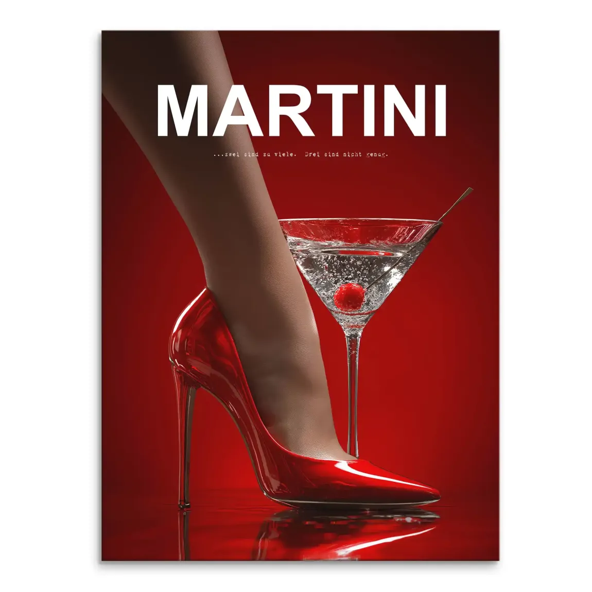 Glamorous fashion wall art featuring a woman's leg in a red high-heeled shoe beside a martini glass with a cherry.