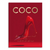 Glossy red high-heeled shoe on a crimson background with gold COCO lettering.