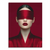 Crimson red canvas wall art featuring a blindfolded woman with satin ribbon