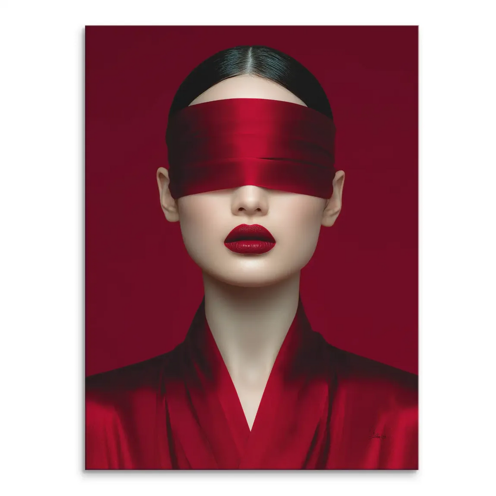 Crimson red canvas wall art featuring a blindfolded woman with satin ribbon