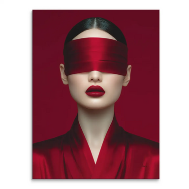 Crimson red canvas wall art featuring a blindfolded woman with satin ribbon