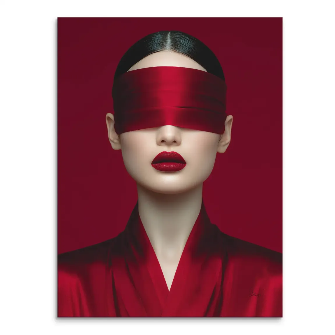 Crimson red canvas wall art featuring a blindfolded woman with satin ribbon