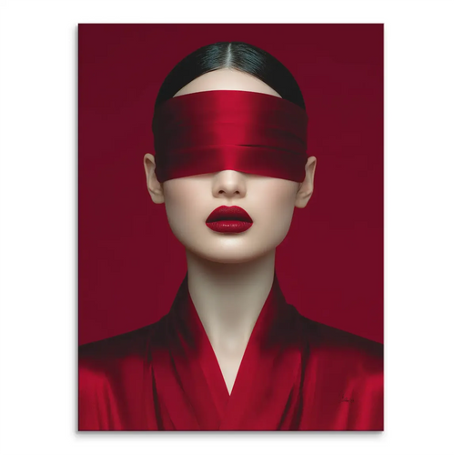 Crimson red canvas wall art featuring a blindfolded woman with satin ribbon
