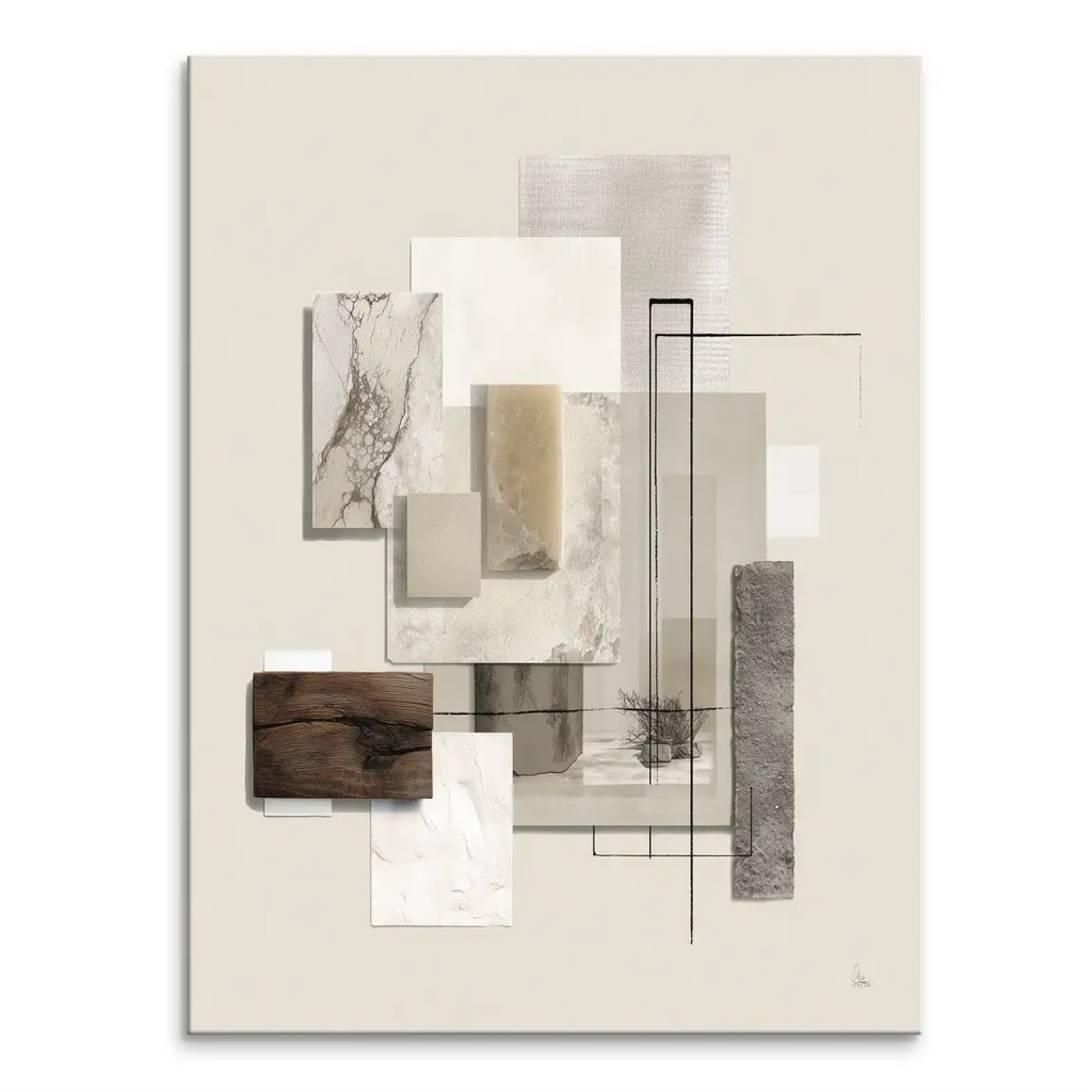 Marble composition abstract canvas art with beige and cream tones and bold black lines
