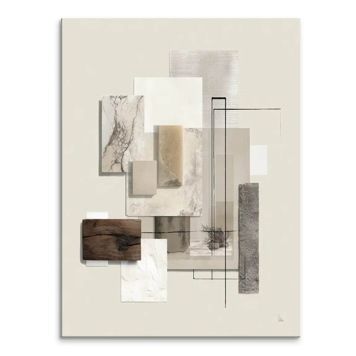 Marble composition abstract canvas art with beige and cream tones and bold black lines