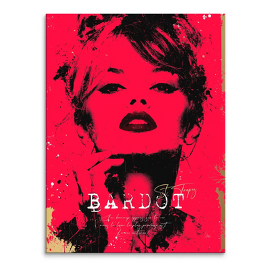 Graphic Brigitte Bardot portrait on red canvas wall art with bold black outlines and gold accents