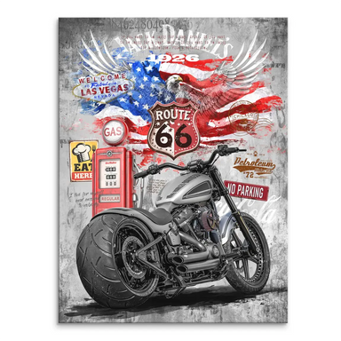 Harley-Davidson motorcycle at center of a Pop Art canvas print with vintage Americana collage
