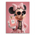 Minnie Mouse in a pink tweed jacket with gold buttons, plaid bow, and Chanel No. 5 perfume bottle on a vibrant pink background in a glamorous pop art portrait.