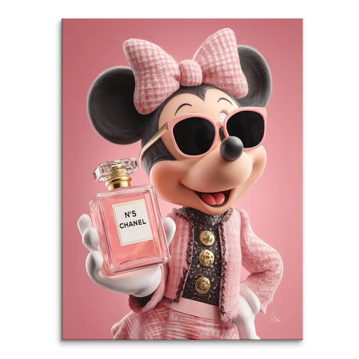 Minnie Mouse in a pink tweed jacket with gold buttons, plaid bow, and Chanel No. 5 perfume bottle on a vibrant pink background in a glamorous pop art portrait.