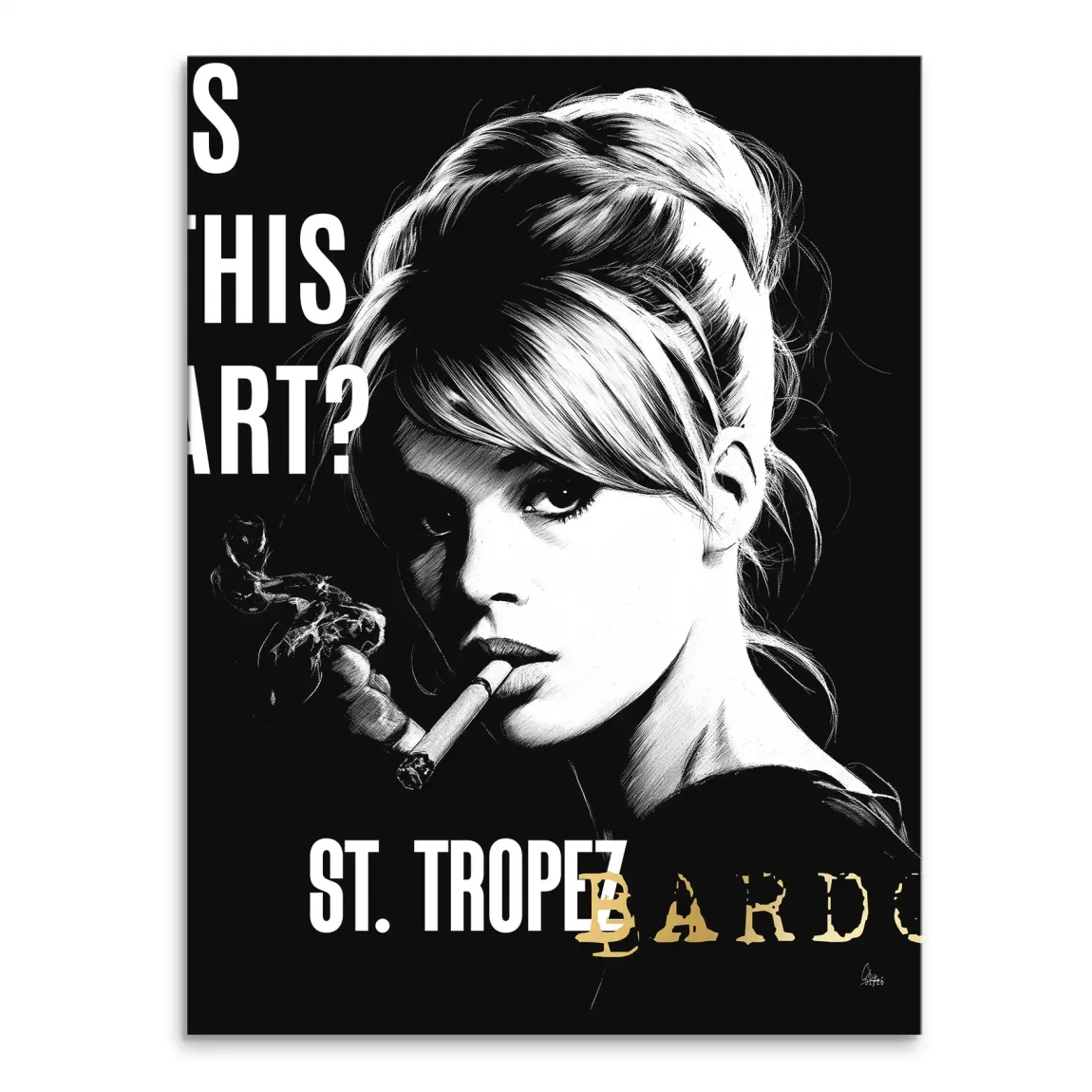 Black-and-white Brigitte Bardot smoking canvas wall art in bold pop art style