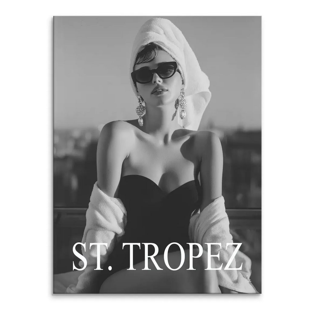 Glamorous woman with oversized earrings and sunglasses in a high-contrast black-and-white canvas wall art