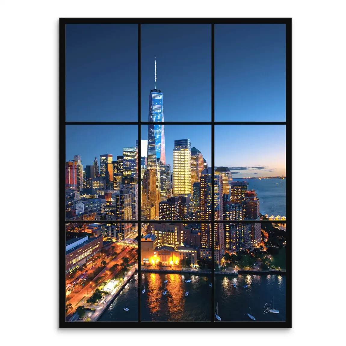 New York City skyline at dusk viewed through a black-framed window with One World Trade Center illuminated against a deep blue sky.