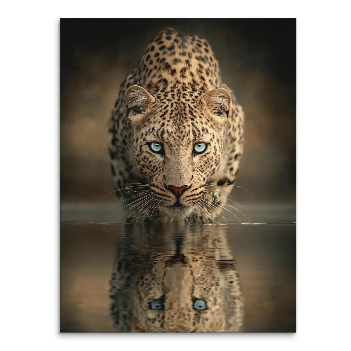 Lifelike leopard portrait on canvas with piercing blue eyes and water reflection