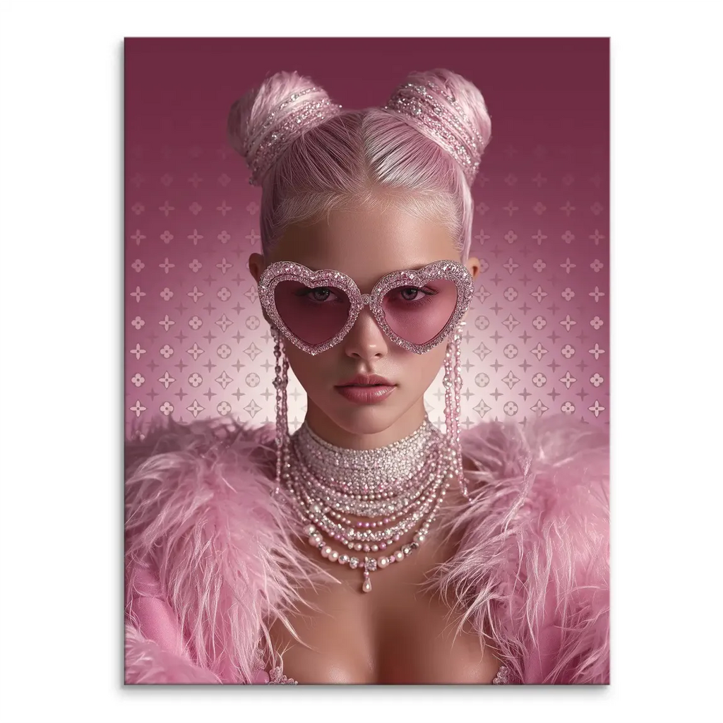 Glamour Girl canvas print featuring a pink-haired fashion portrait with rhinestone heart sunglasses and a pink feather boa on a pink patterned backdrop