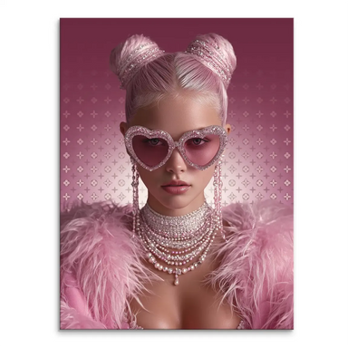 Glamour Girl canvas print featuring a pink-haired fashion portrait with rhinestone heart sunglasses and a pink feather boa on a pink patterned backdrop