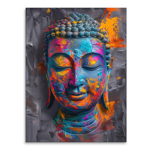 Serene Buddha head on a textured dark background rendered in vibrant pop art colors