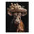 Cow with straw hat canvas wall art featuring dried flowers on a deep black background