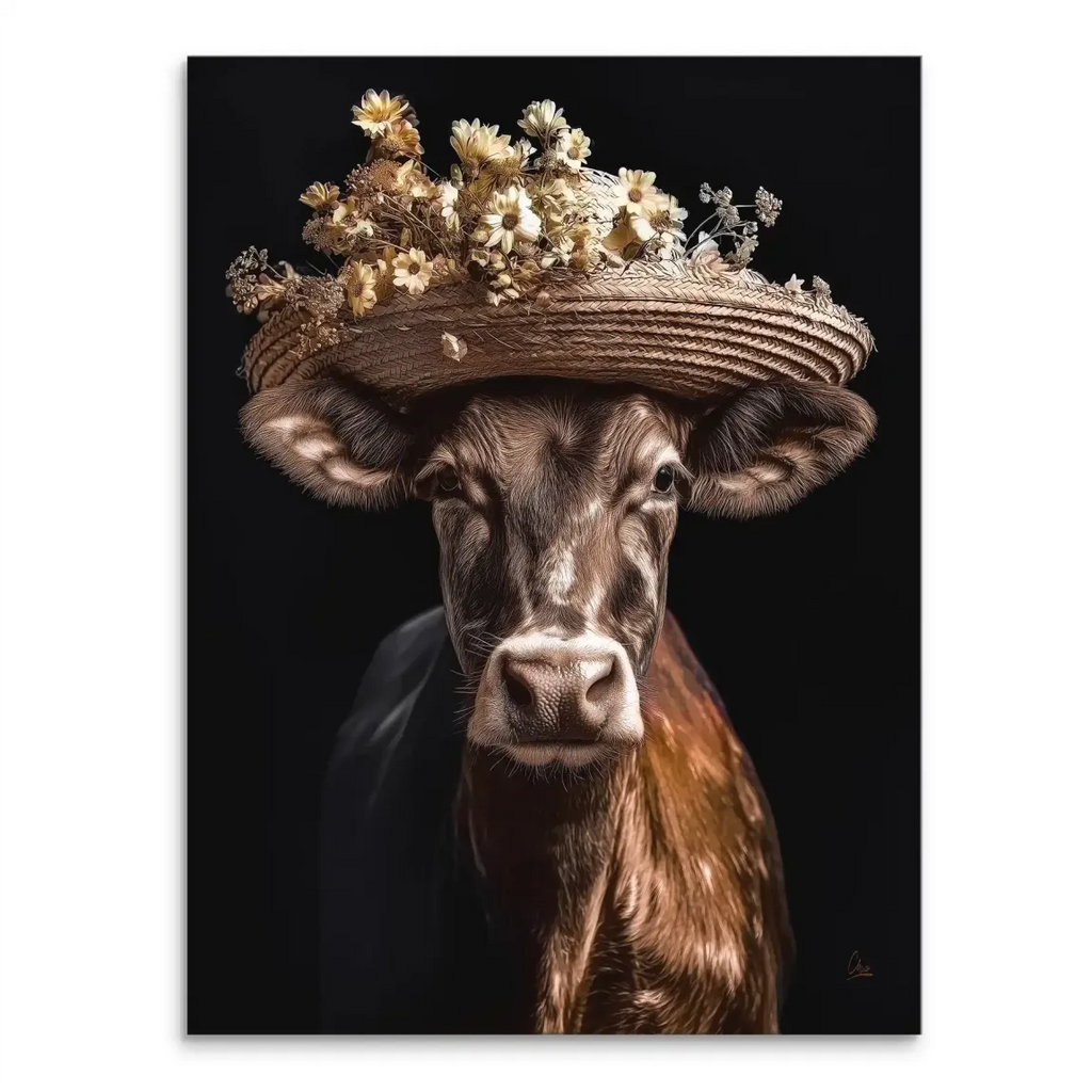 Cow with straw hat canvas wall art featuring dried flowers on a deep black background