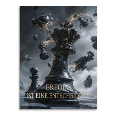 Dominant black chess king cracked with golden energy against a dark stormy sky
