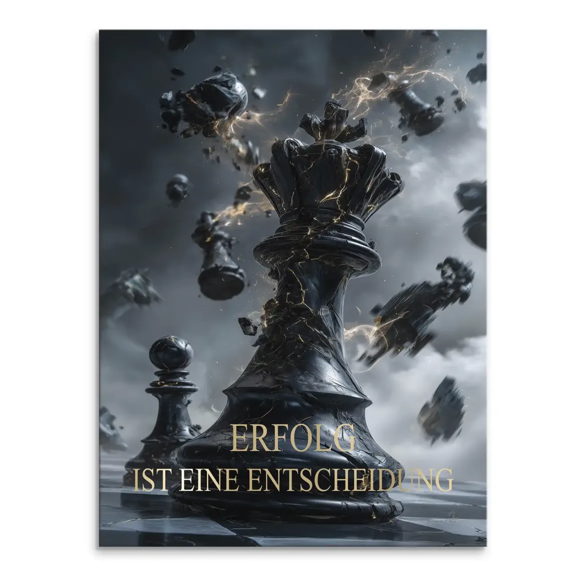Dominant black chess king cracked with golden energy against a dark stormy sky