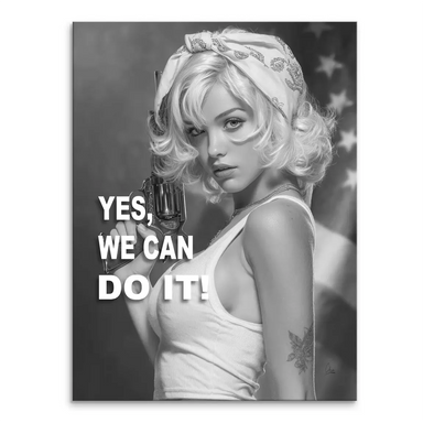 Black-and-white canvas wall art featuring a confident blonde woman with a bandana and revolver